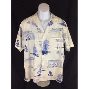 Hawaii Men's COTTON BLEND Vtg Hawaiian Shirt NAUTICAL TALLSHIPS Islander White